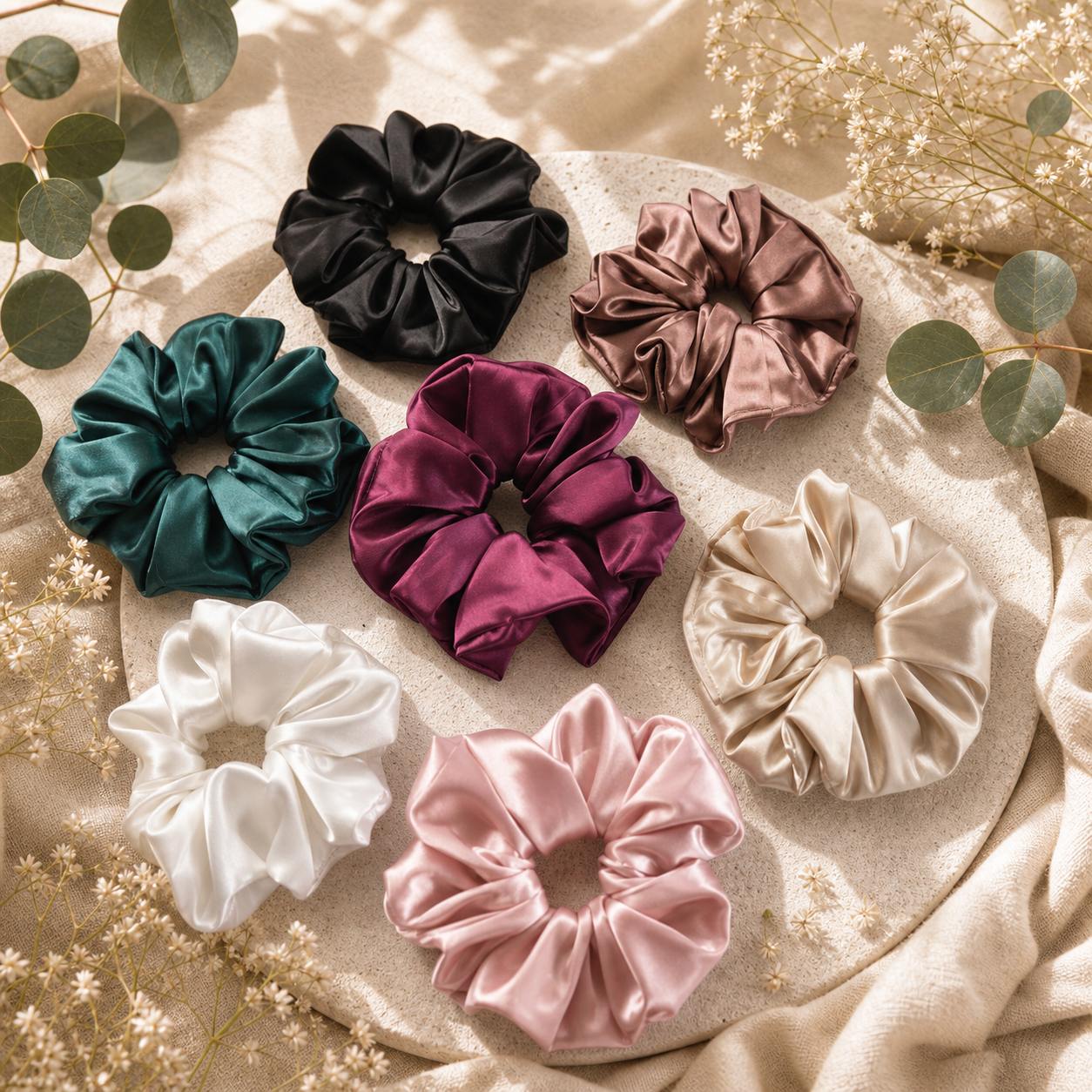 Kit 3 monas satin Nalua en entorno editorial preservando productos originales
