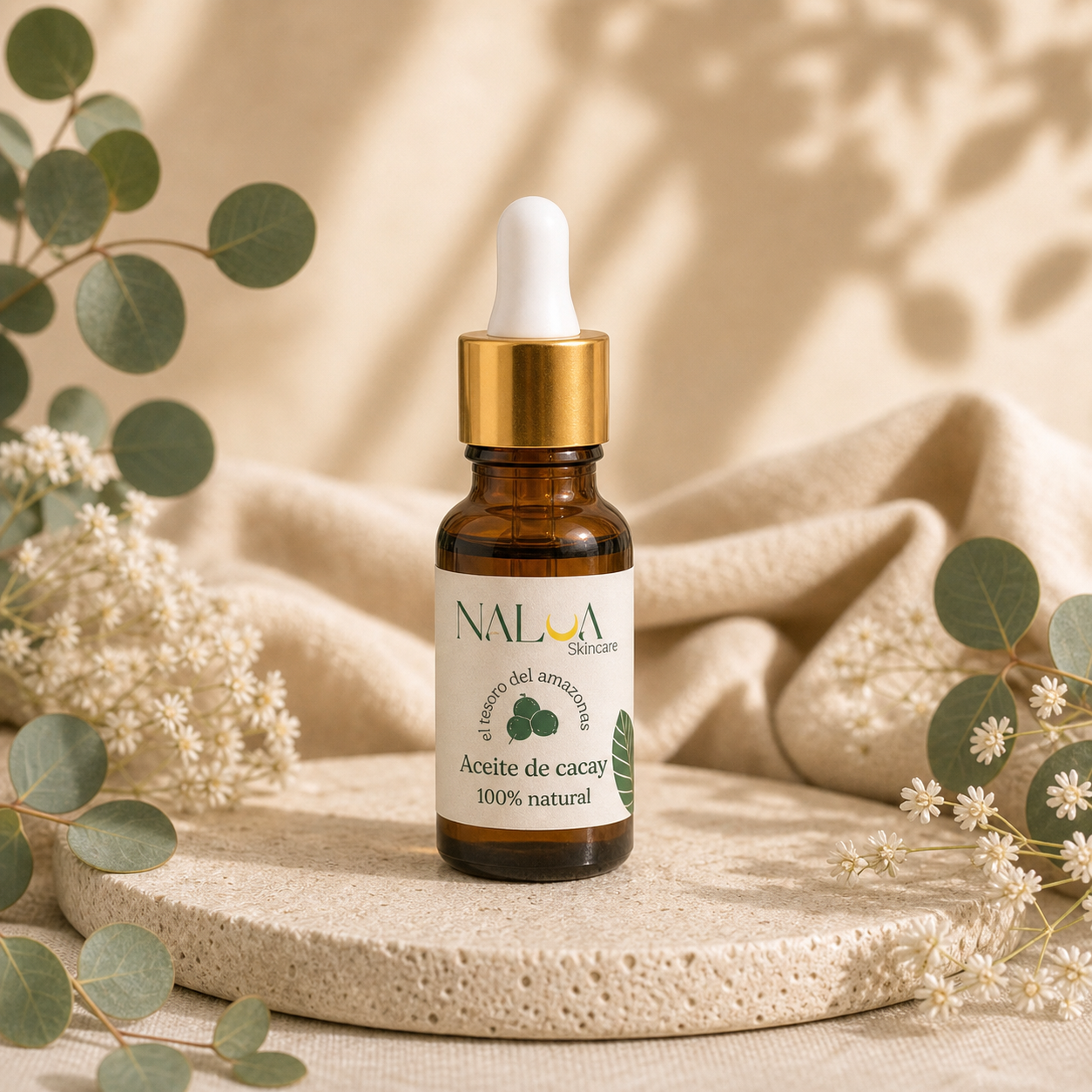 Serum Anti acne y Anti Manchas 2x1 PROMOCION Nalua en entorno botanico editorial preservando empaques originales