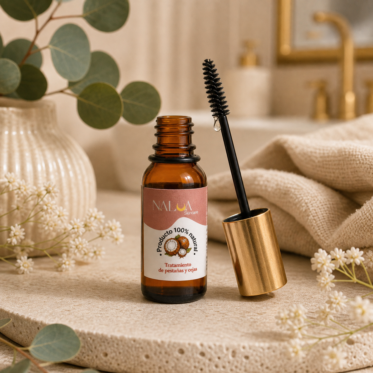 Serum crecimiento y fortalecimiento cejas y pestanas Nalua en entorno botanico editorial preservando empaque original