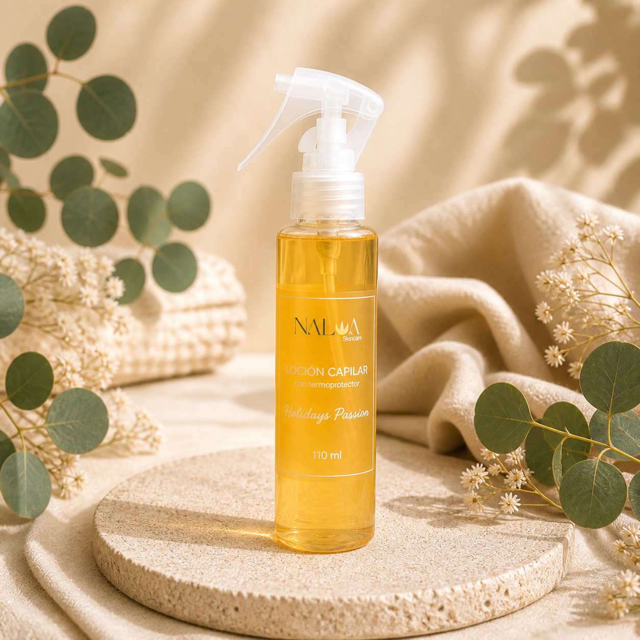 Perfume Capilar con termo protector Nalua en entorno botanico editorial preservando empaque original