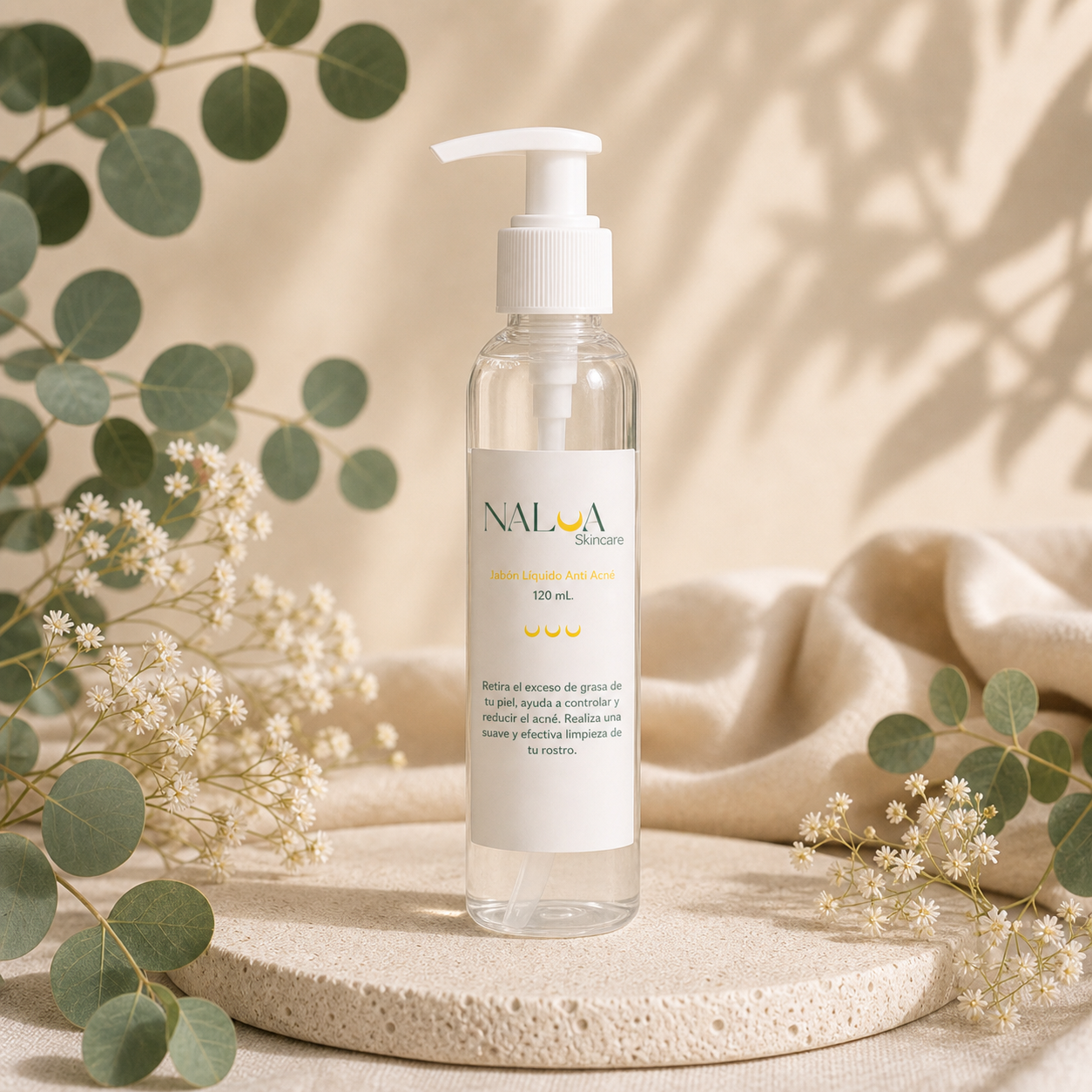 Jabon Liquido Anti Acne Nalua en entorno botanico editorial preservando empaque original