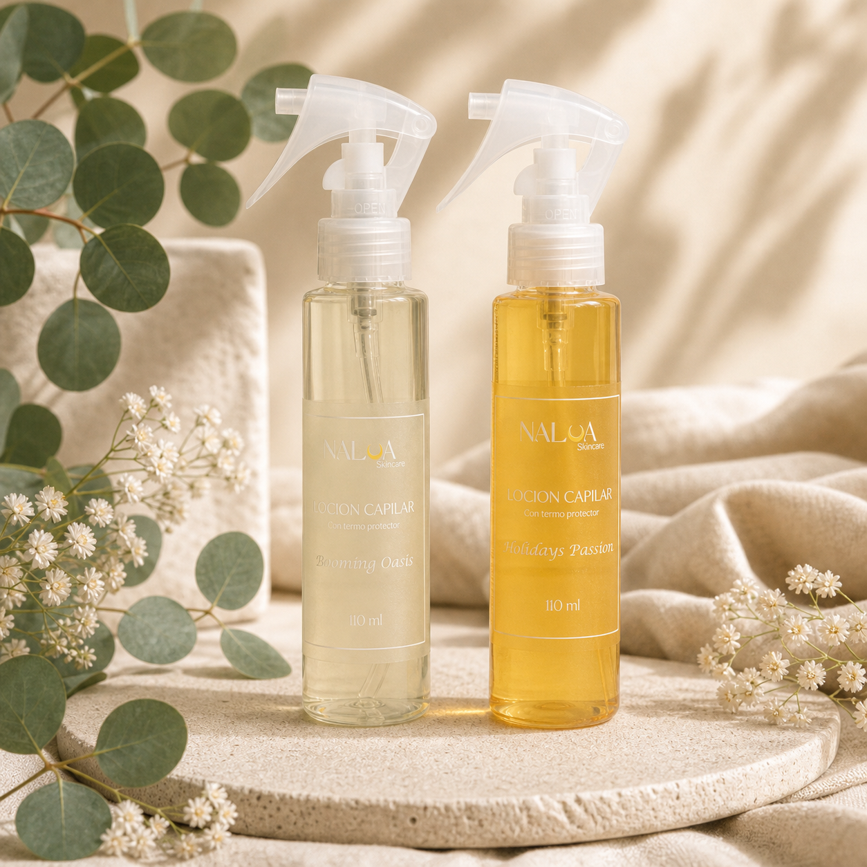 Duo de Perfumes Capilares con Termo Protector Nalua en entorno botanico editorial preservando empaques originales