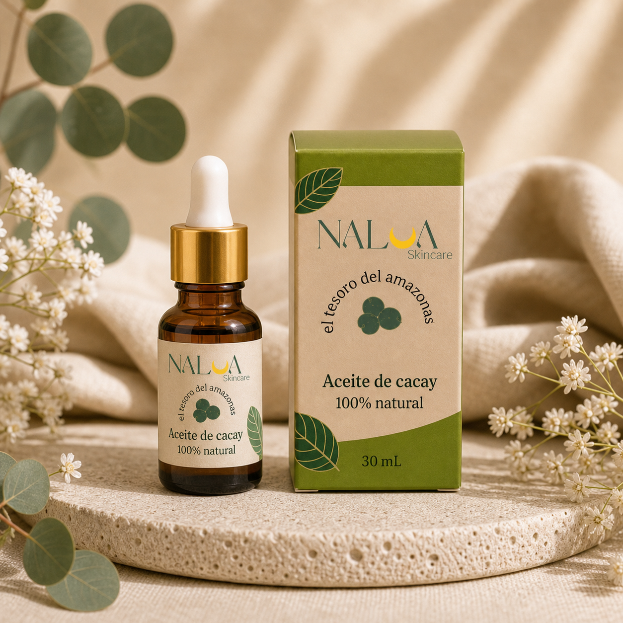 Serum Anti acne y Anti Manchas 30ml Nalua en entorno botanico editorial preservando empaque original