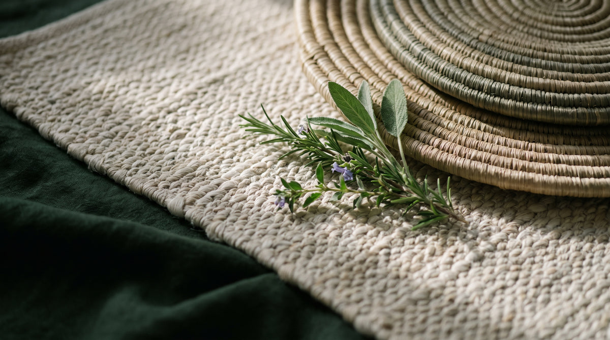Fibra natural tejida con ramas de hierbas frescas